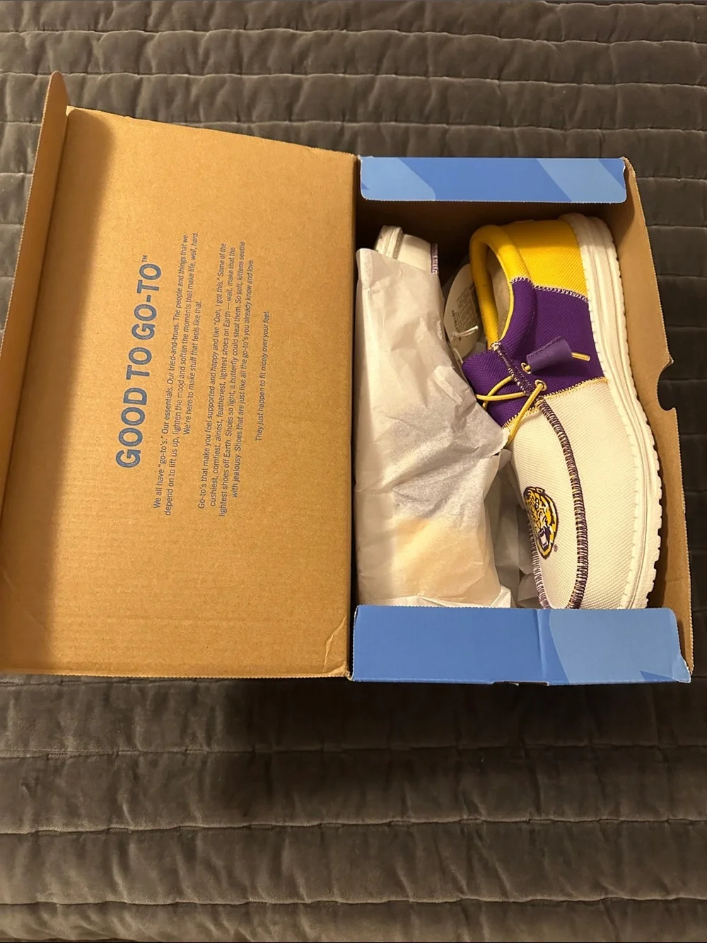 Hey Dude Men’s LSU Canvas Slip-On Loafers with Purple & Yellow Accents